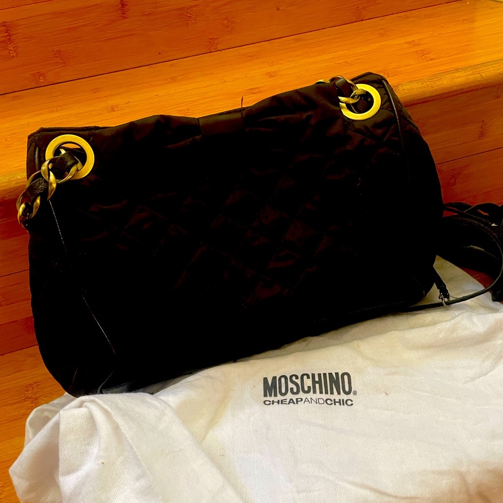 Vintage Moschino  Bow Black and Gold Quilted Shoulder Bag with dust bag